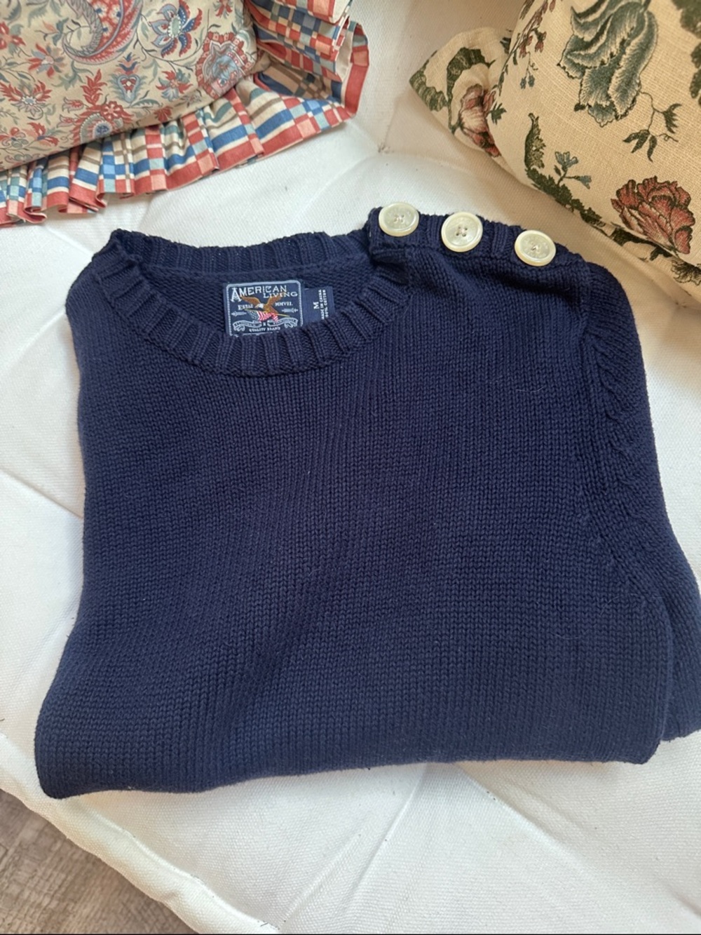 American Living Navy Crewneck Sweater with Shoulder Buttons